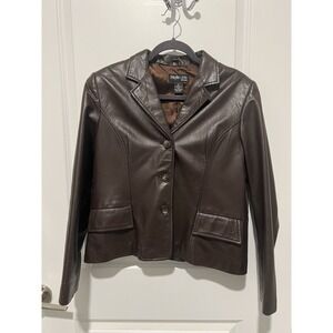 Vtg Style&Co Petite Genuine Leather Brown Button Jacket‎ Pockets Size Medium Y2K